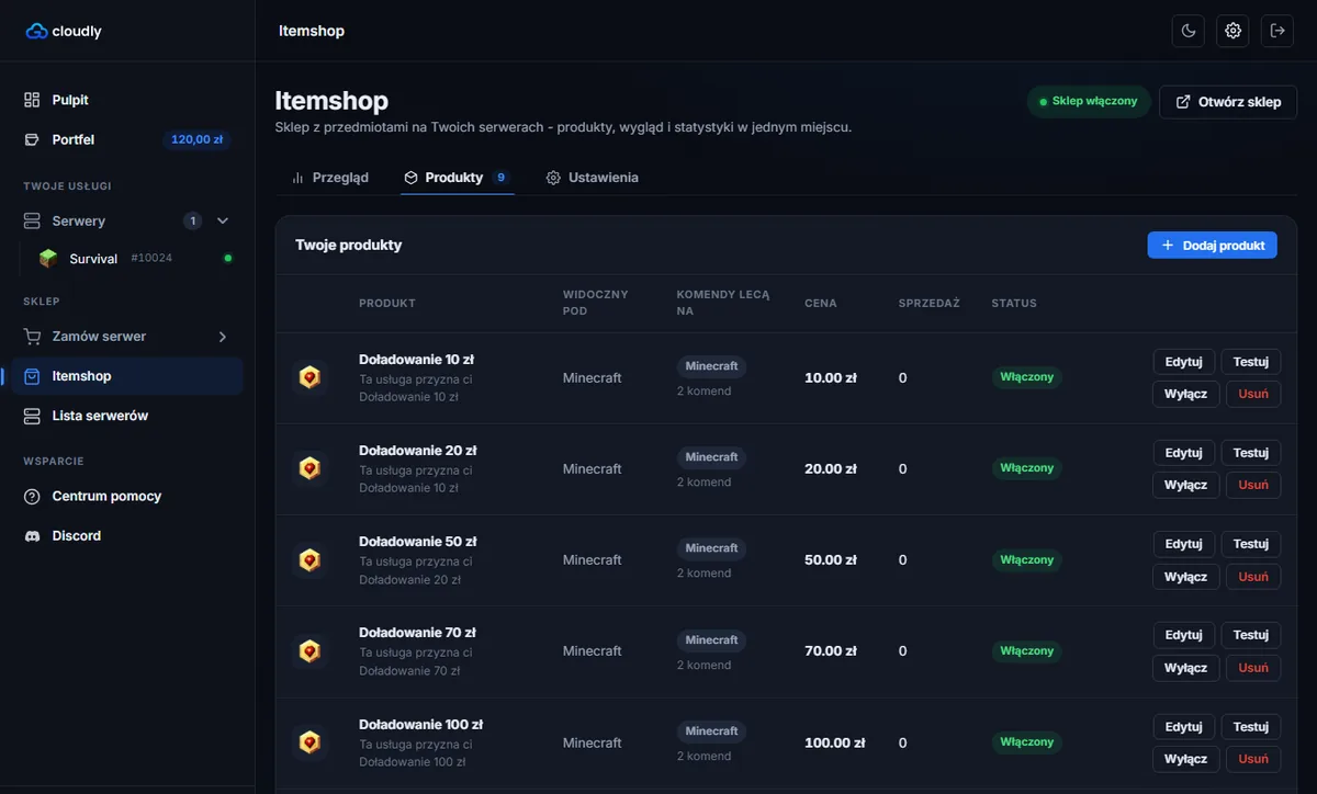 Itemshop w panelu Cloudly