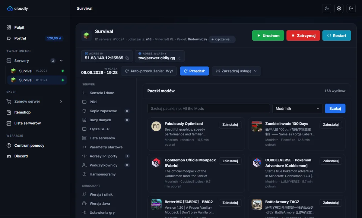 Przeglądarka paczek modów w panelu Cloudly